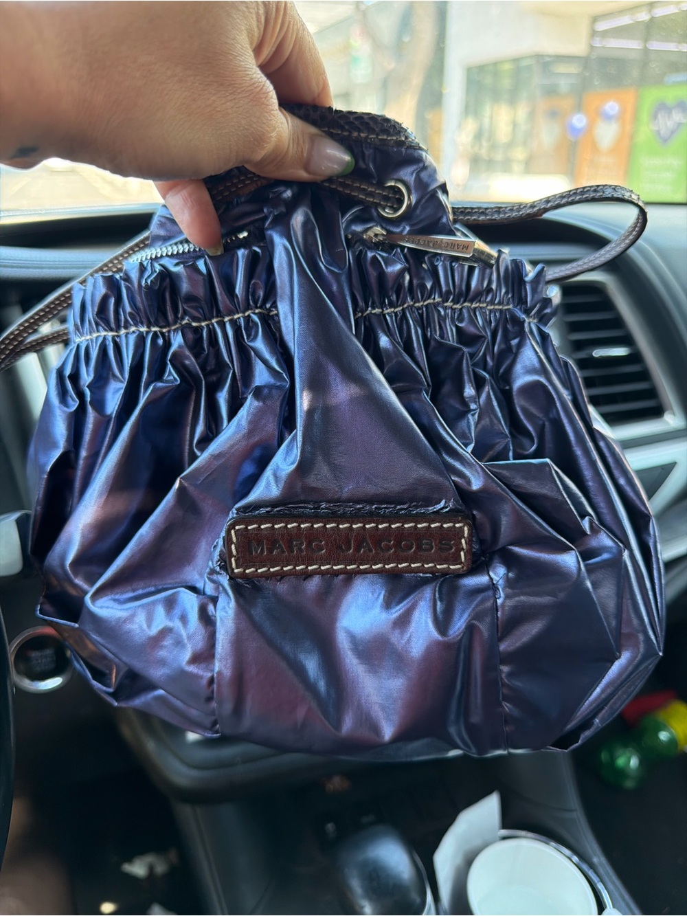 Marc Jacobs Iridescent Navy Purple Drawstring Mini Bucket Bag